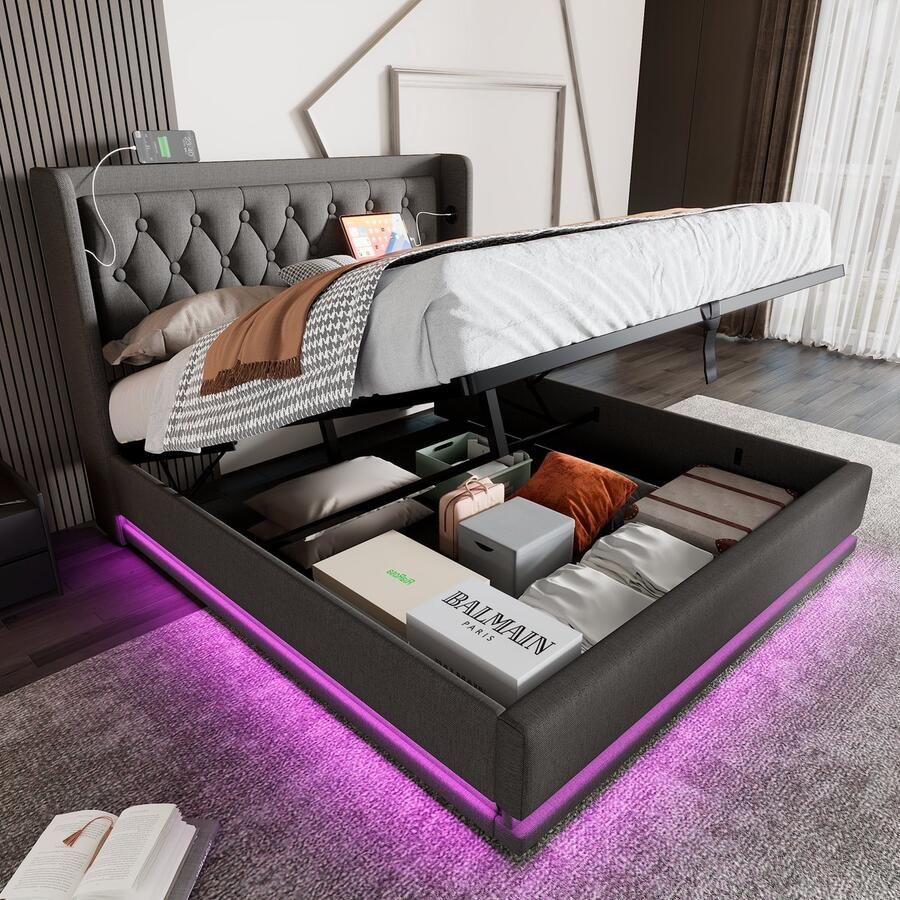 HAUSS SPOLE Gestoffeerd Bed 140x200 cm Tweepersoonsbed Met LED Verlichting En USB Type C Oplaadfunctie Hydraulisch Opbergbed Katoen Grijs