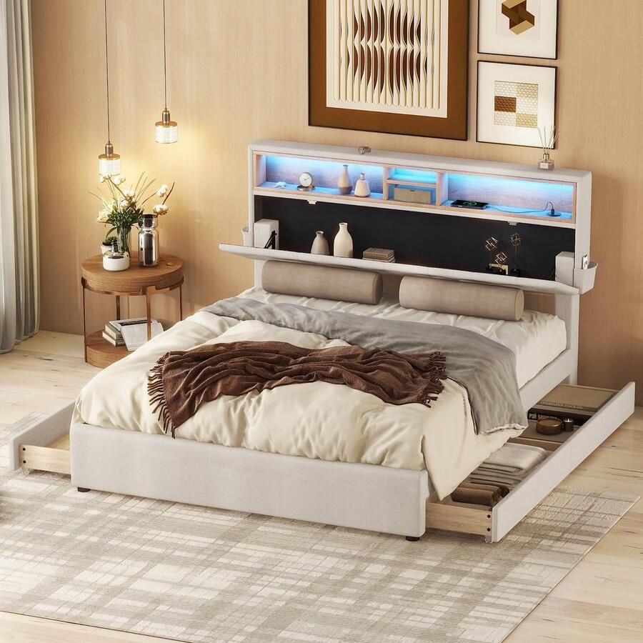 HAUSS SPOLE Gestoffeerd Bed 140x200 cm Tweepersoonsbed Met Opbergruimte En Verstelbaar Hoofdeinde LED Verlichting En USB Opladen Linnen Beige