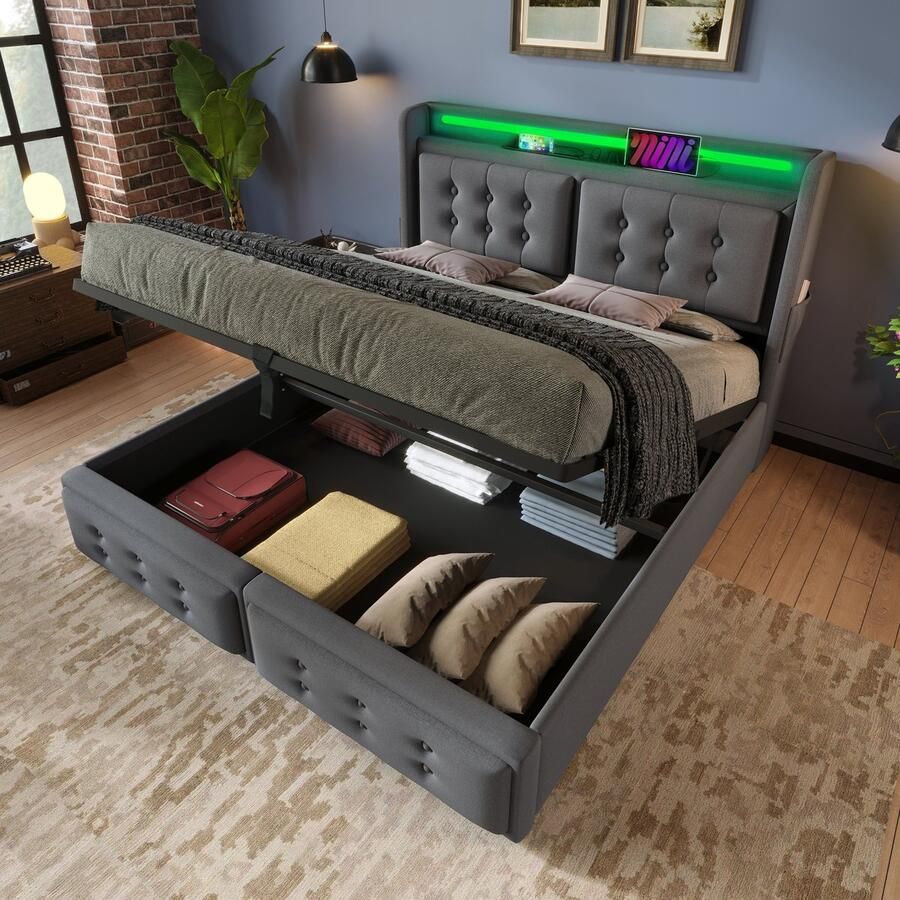 HAUSS SPOLE Gestoffeerd Bed 160x200 cm Boxspring Met LED En USB Bed Met Opbergruimte Voor Tieners Katoen Grijs (geen matras)