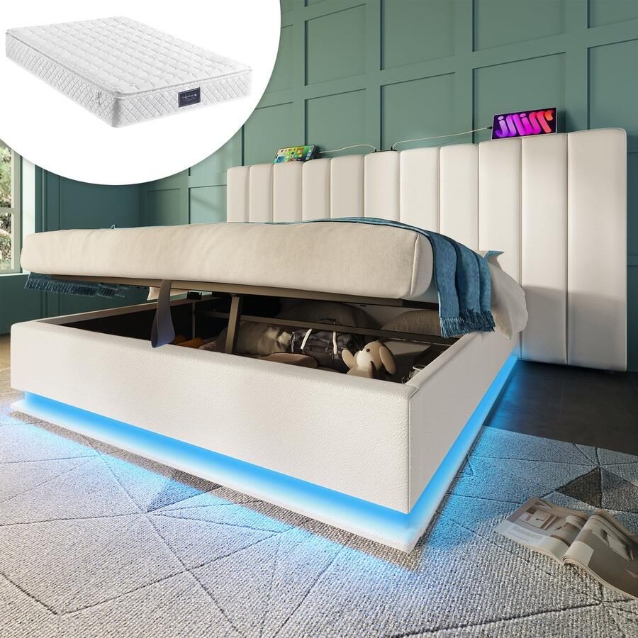 HAUSS SPOLE Gestoffeerd Bed 160x200 cm Tweepersoonsbed Met LED Verlichting En USB C-Type Oplaadfunctie Multifunctioneel Opbergbed Inclusief Lattenbodem En Matras Metaal Wit