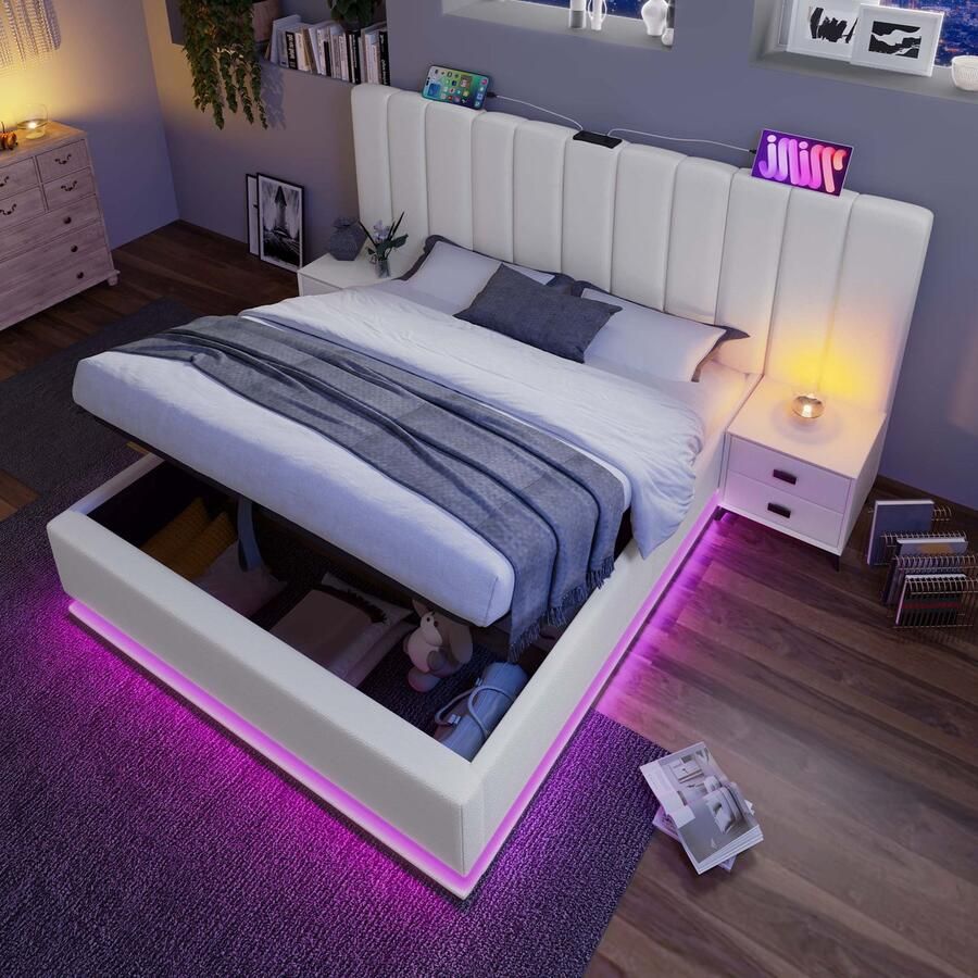 HAUSS SPOLE Gestoffeerd Bed 160x200 cm Tweepersoonsbed Met LED Verlichting En USB C-Type Oplaadfunctie Inclusief Lattenbodem Opbergbed Met Stauraum Metaal Wit