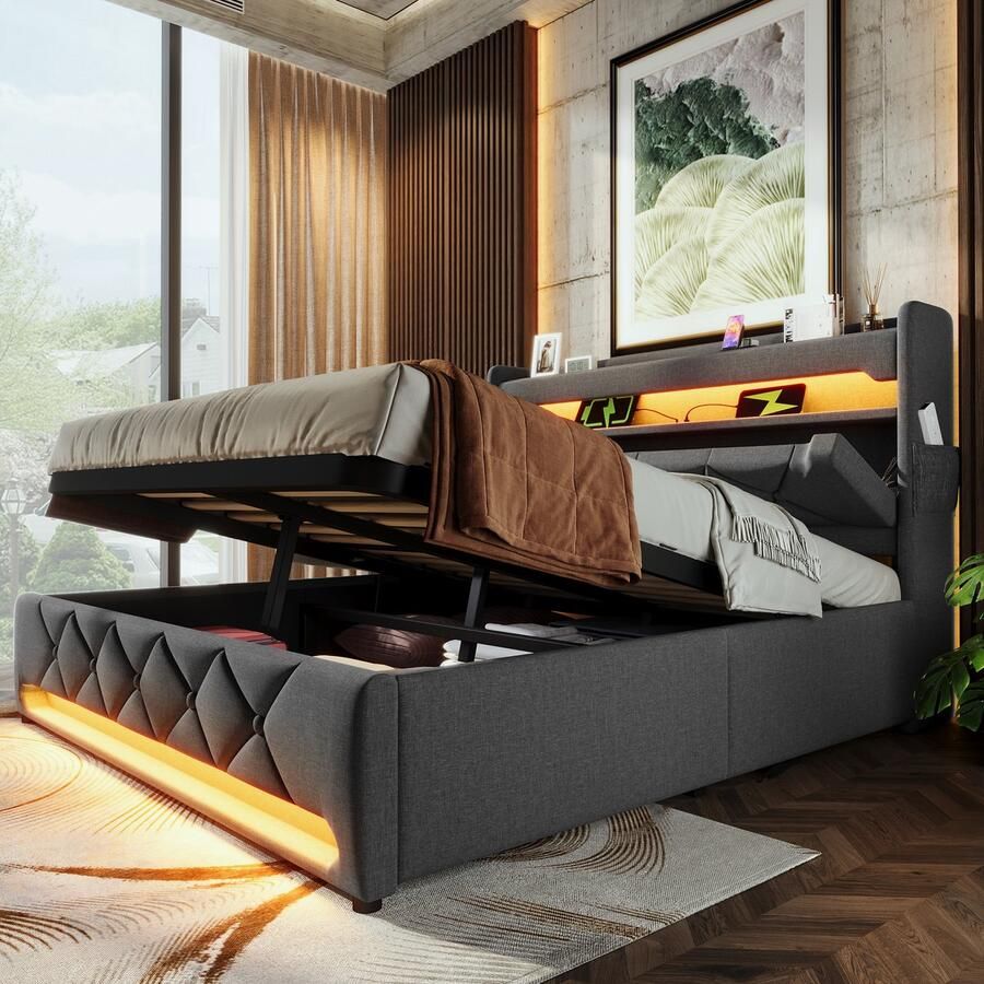 HAUSS SPOLE Gestoffeerd Bed 160x200 cm Tweepersoonsbed Met Opbergruimte En USB C-Type Oplaadfunctie Bed Met Lades En LED Verlichting Linnen Grijs