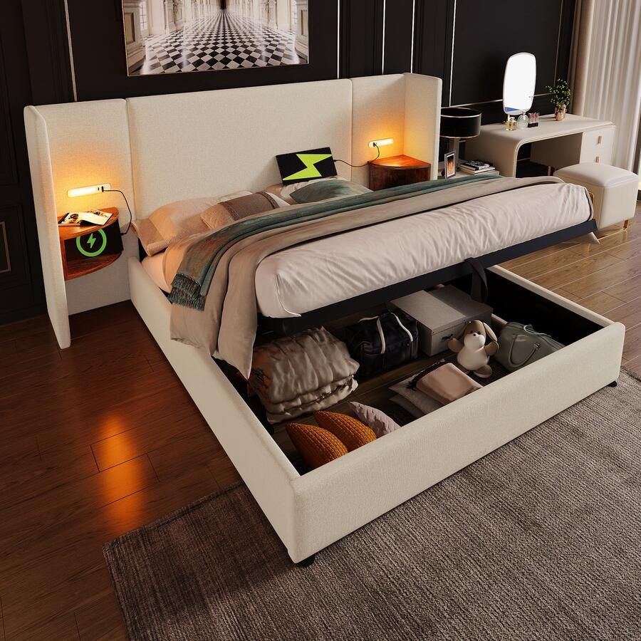 Sweiko Tweepersoonsbed 160×200cm Leeslampje USB Type-C poort Lattenbodem Linnen Zonder matras Beige