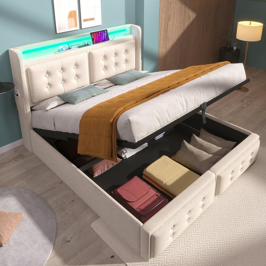 HAUSS SPOLE Gestoffeerd Bed 140x200 cm Boxspring Met LED En USB Bed Met Opbergruimte Voor Tieners Katoen Beige (geen matras)