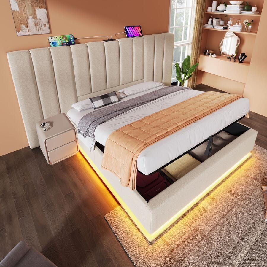 Sweiko Tweepersoonsbed 160×200cm LED-verlichting USB-C poort PU materiaal Zonder matras Beige