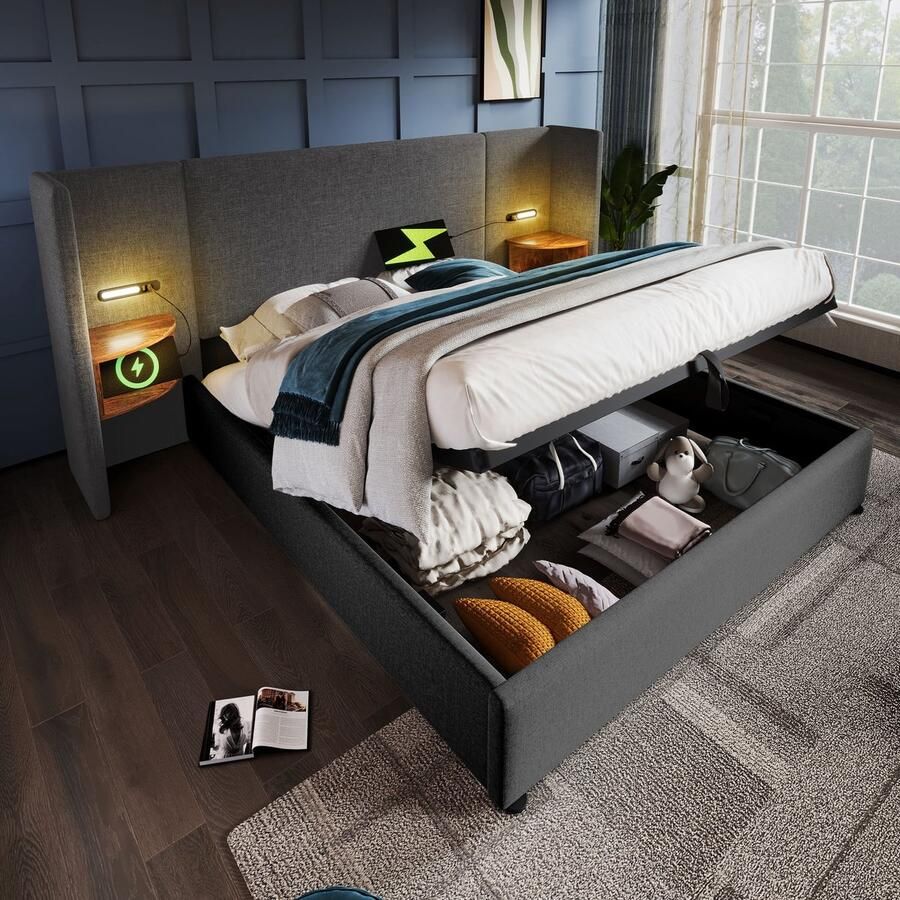 Sweiko Tweepersoonsbed 180×200cm Leeslampje USB Type-C poort Lattenbodem Linnen Zonder matras Grijs