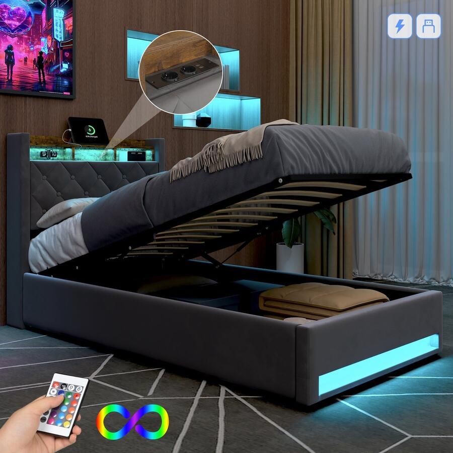 HAUSS SPOLE Fluweel Gestoffeerd bed 90×190 cm -Eenpersoonsbed Met Opbergruimte-Voor Moderne Slaapkamers-Voor Jongeren En Volwassenen-Met USB & LED-verlichting Opbergruimte Boxspring -Donkergrijs - Foto 2