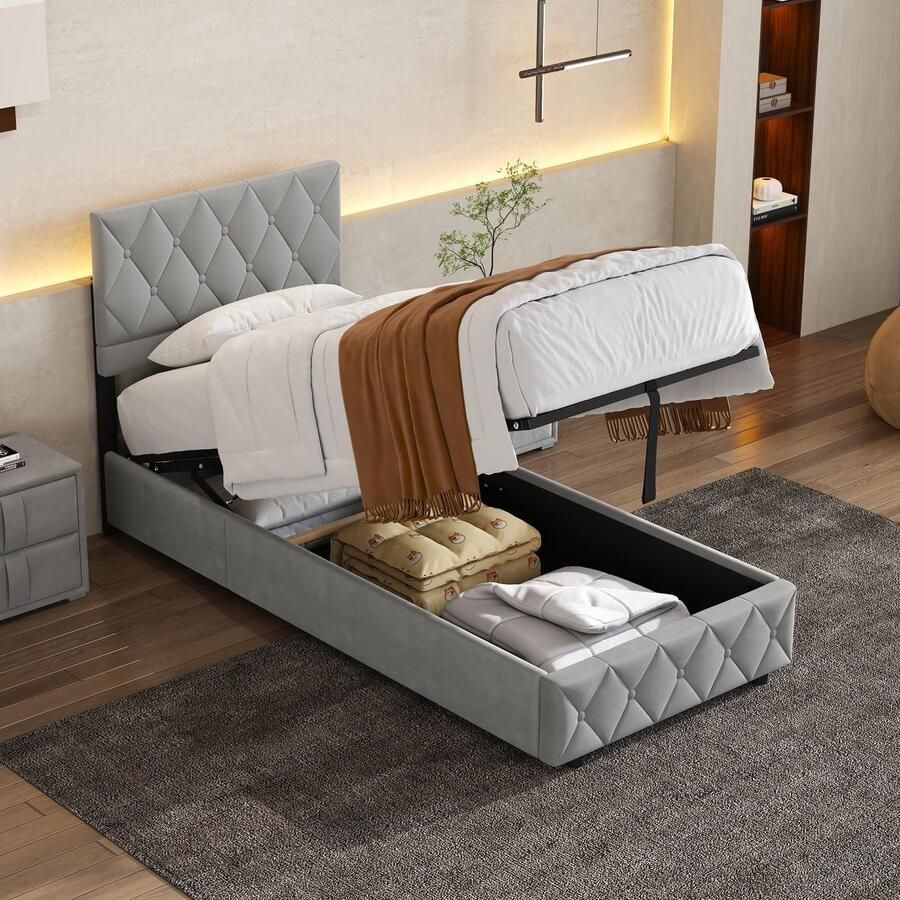 HAUSS SPOLE Gestoffeerd bed 90x190 cm Bed Met Opbergruimte Jeugdbed Opslagbedden Fluwelen gestoffeerd bed Lichtgrijs (Zonder matras)