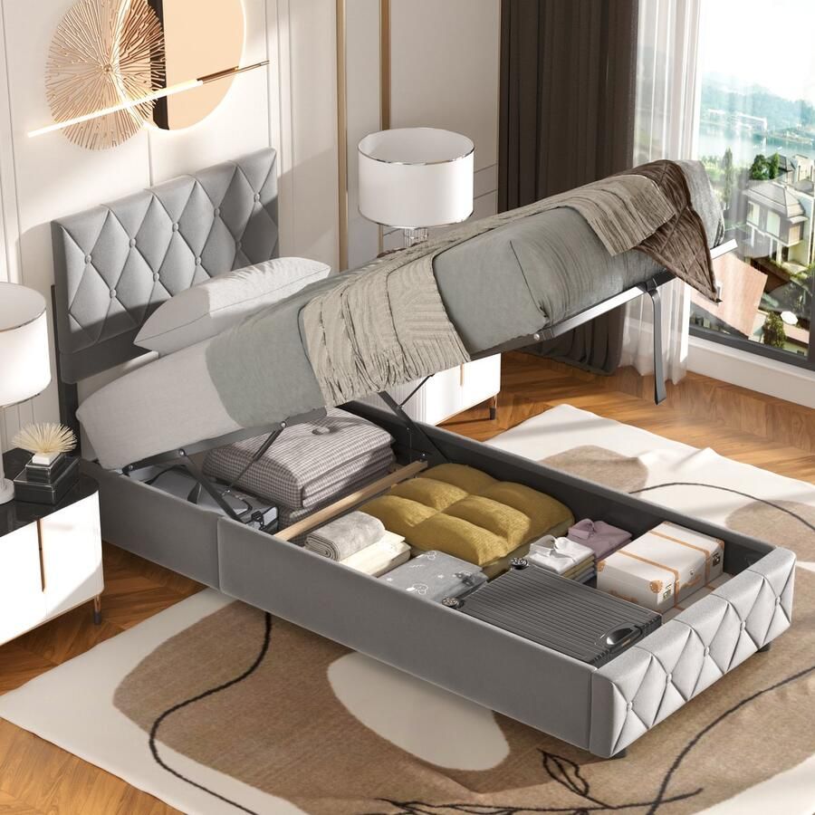 HAUSS SPOLE Gestoffeerd bed 90x200 cm Bed Met Opbergruimte Jeugdbed Opslagbedden Fluwelen gestoffeerd bed Lichtgrijs (Zonder matras)