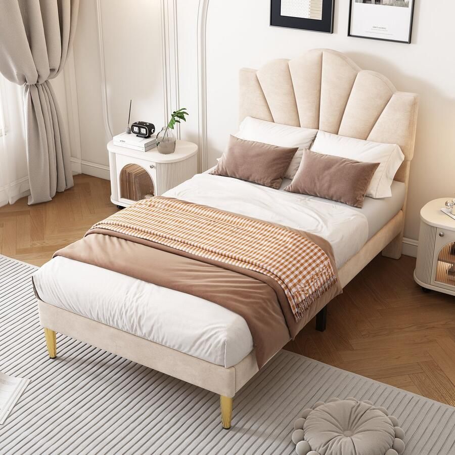 HAUSS SPOLE Gestoffeerd Bed 90x200 cm Eenpersoonsbed Met Lattenbodem Hoogwaardig Fluweel Beige