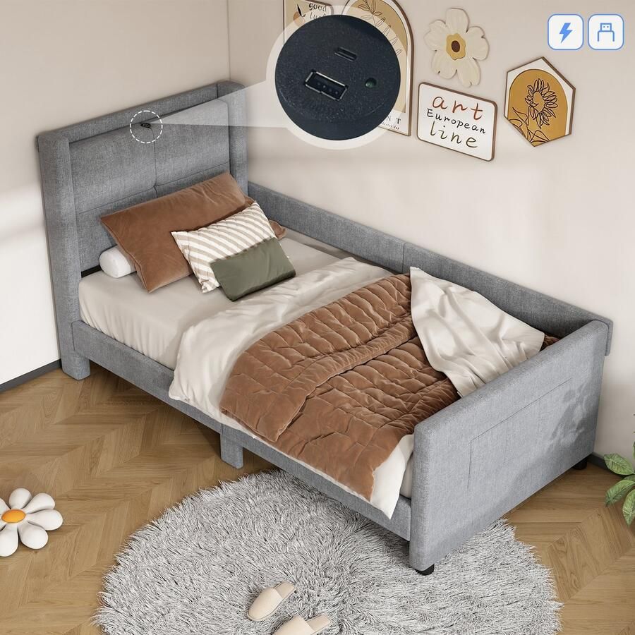 HAUSS SPOLE Gestoffeerd Bed 90x200 cm – Eenpersoonsbed Met Lattenbodem – Met USB-Aansluiting – Voor Kinder- En Tienerkamers – Katoenlinnen – Grijs