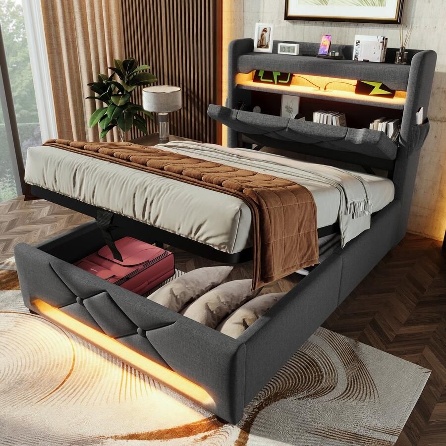 HAUSS SPOLE Gestoffeerd Bed 90x200 cm Eenpersoonsbed Met Opbergruimte En USB C-Type Oplaadfunctie Bed Met Lades En LED Verlichting Linnen Grijs