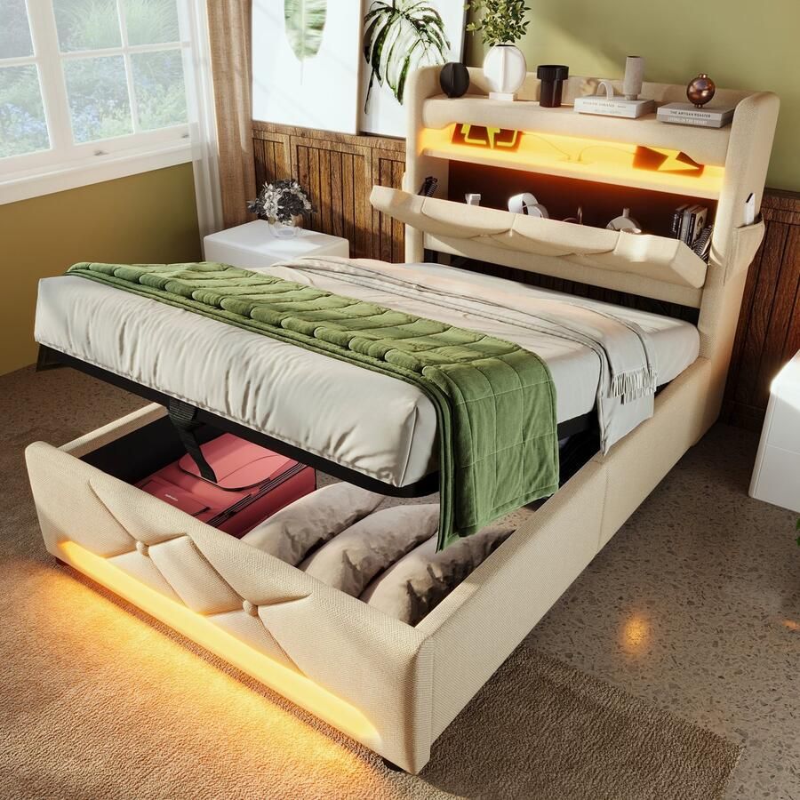 Merax Gestoffeerd bed Eenpersoonsbed 90x200 cm met USB- en Type C-poorten LED-verlichting met opbergruimte beige geen matras