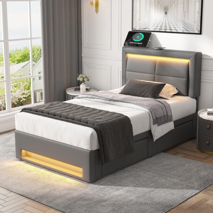 HAUSS SPOLE Gestoffeerd Bed 90x200 cm Eenpersoonsbed Met USB-Oplader En 4 Lades PU Grijs