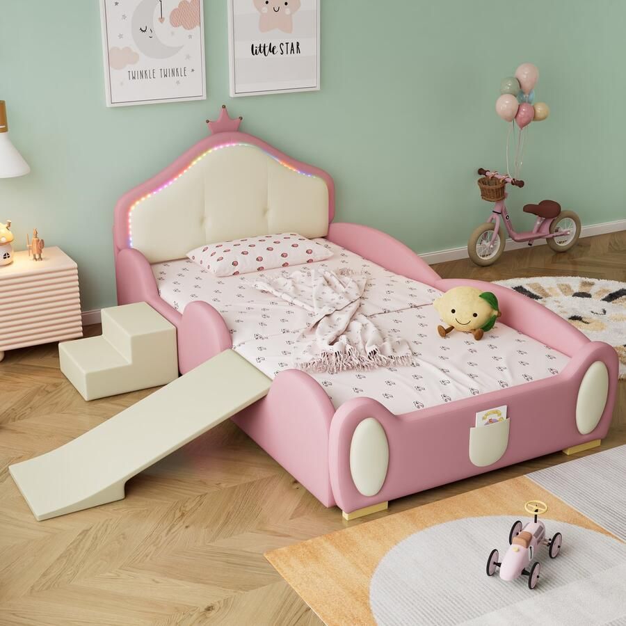 HAUSS SPOLE Gestoffeerd Bed 90x200 cm Kinderbed met LED Verlichting en Glijbaan Inclusief Trap PU Roze