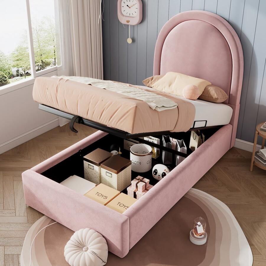 HAUSS SPOLE Gestoffeerd Bed 90x200 cm Kinderbedden Met Opbergruimte En Lattenbodem Fluweel Roze