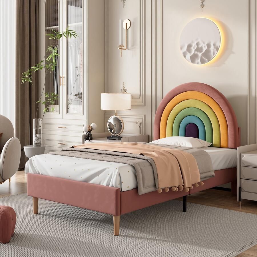 HAUSS SPOLE Gestoffeerd Bed 90x200 Eenpersoonsbed Met Verstelbaar Regenboog Hoofdeinde lattenbodem bekleding van PU-leer Fluweel Roze