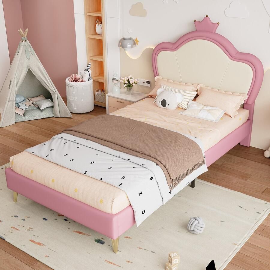 HAUSS SPOLE Gestoffeerd Bed 90x200 Kinderbed Met Hoofdbord Met Kroon Stabiele Constructie PU Roze