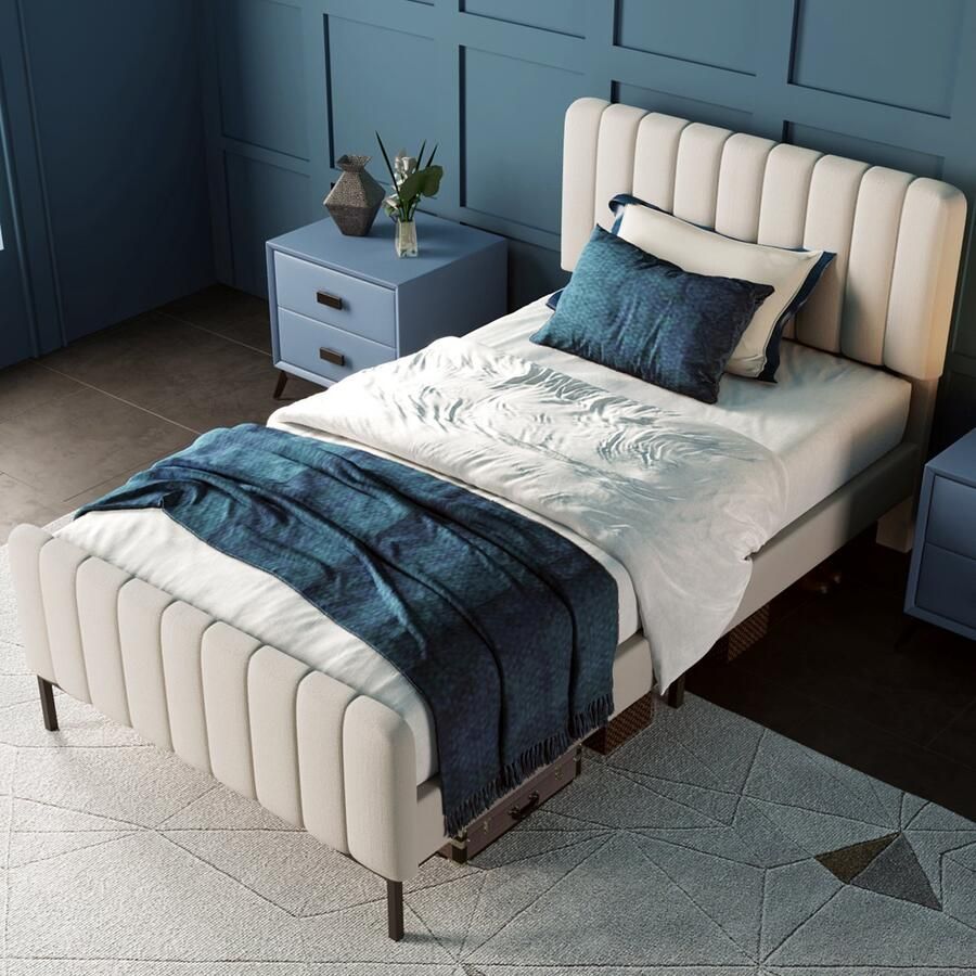 HAUSS SPOLE Gestoffeerd Bed 90x200cm Eenpersoonsbed Bedombouw Met Lattenbodem en Verstelbaar Hoofdeinde Massief Hout En Linnen -Beige - Foto 2