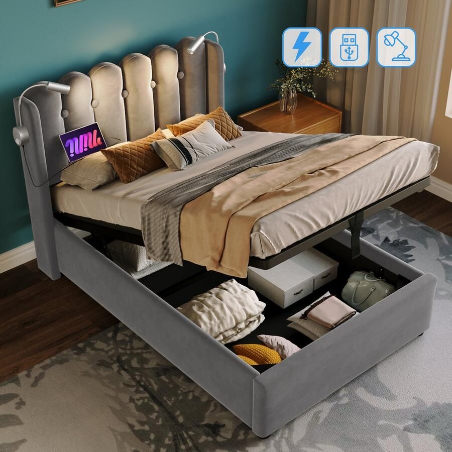HAUSS SPOLE Gestoffeerd Bed 90x200cm Eenpersoonsbed met USB Oplaadpunt en Leeslamp Met Opbergruimte Fluweel Grijs(Geen matras)