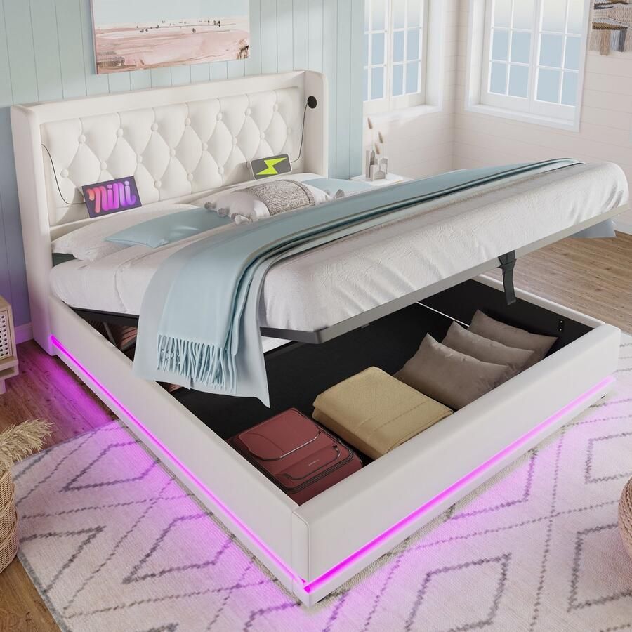 HAUSS SPOLE Gestoffeerd Bed Tweepersoonsbedden 160x200 cm Hydraulisch Opbergbed Met 3-zijdige LED Hoofdbord En USB Type C Oplaadfunctie PU Wit