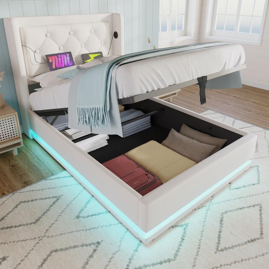 HAUSS SPOLE Gestoffeerd Bed Tweepersoonsbedden 90x200 cm Hydraulisch Opbergbed Met 3-zijdige LED Hoofdbord En USB Type C Oplaadfunctie PU Wit