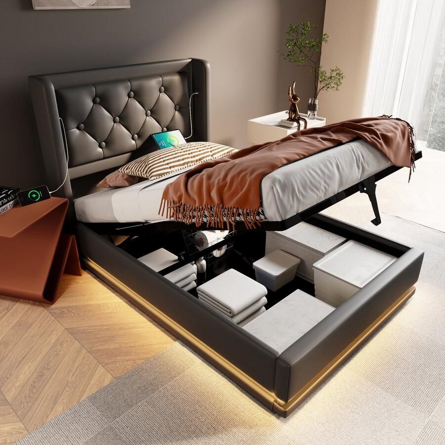 HAUSS SPOLE Gestoffeerd Bed Tweepersoonsbedden 90x200 cm Hydraulisch Opbergbed Met 3-zijdige LED Hoofdbord En USB Type C Oplaadfunctie PU Zwart