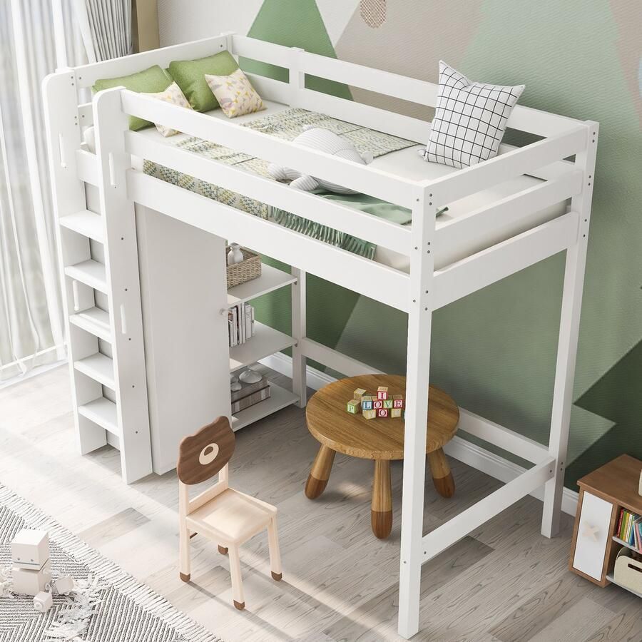 HAUSS SPOLE Hoogslaper 90x200 cm Kinderhoogslaper Met Kast En Regalen Hout Wit Zonder Matras