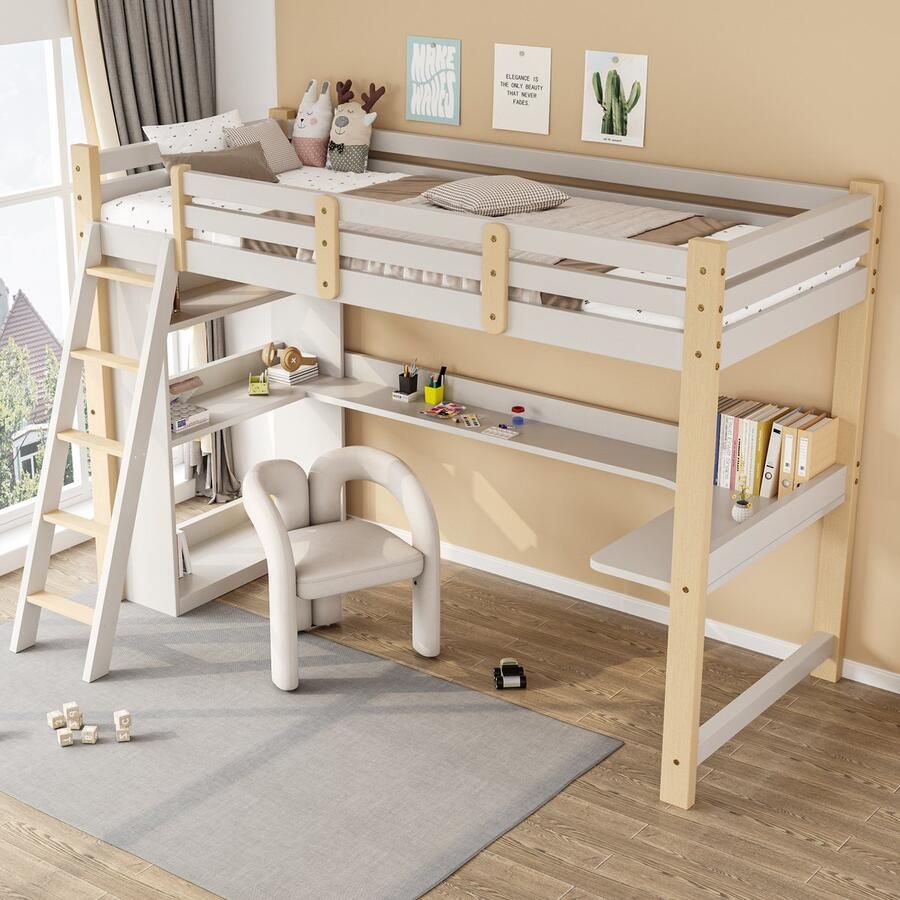 HAUSS SPOLE Hoogslaper 90x200 cm Kinderhoogslaper Met Lattenbodem En Schrijfblad Hout Wit