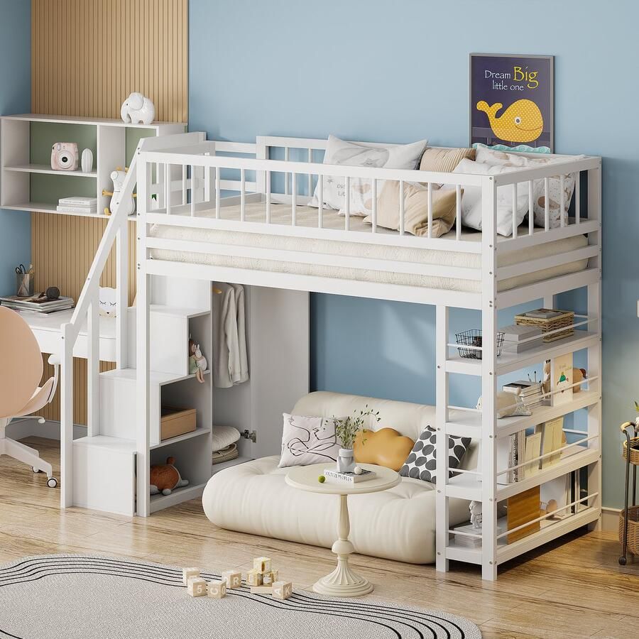 HAUSS SPOLE Hoogslaper 90x200 cm Kinderhoogslaper Met Veiligheidsrand En Opbergruimte Hout Wit