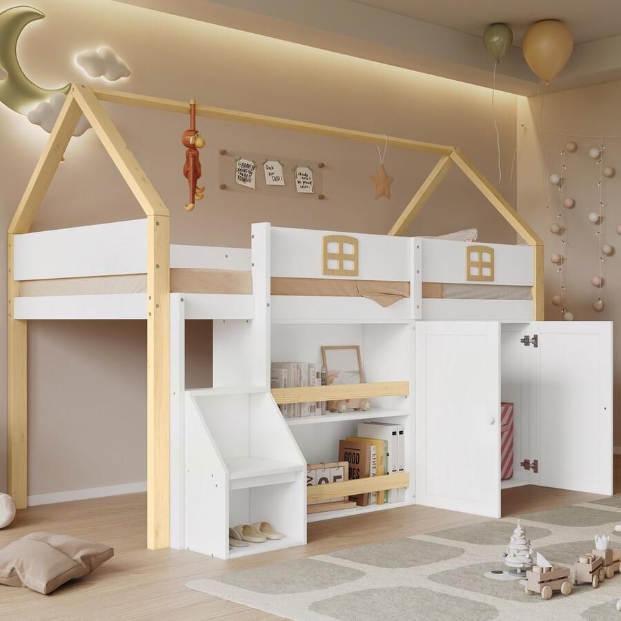 HAUSS SPOLE Hoogslaper 90x200 Huisdesign Bed met Opbergleider en Kast Vuren Naturel