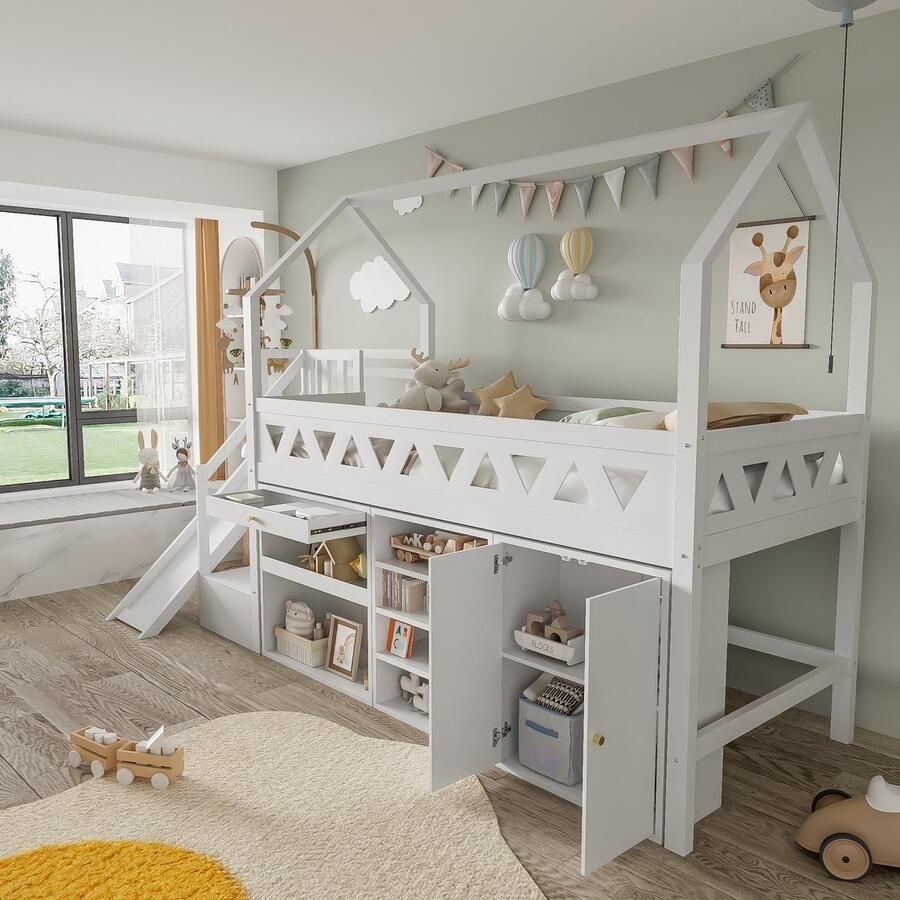HAUSS SPOLE Hoogslaper 90x200cm Met Glijbaan En Trappenkast Kinderbed Met Schuiflades Massief Hout + MDF Wit (Zonder Matras)