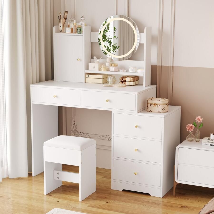 HAUSS SPOLE Kaptafel Met Spiegel En Dimbare LED-Verlichting Make-up Tafel Met Kruk En 5 Laden Ingebouwde Stopcontacten MDF 90 × 40 × 132 cm Wit