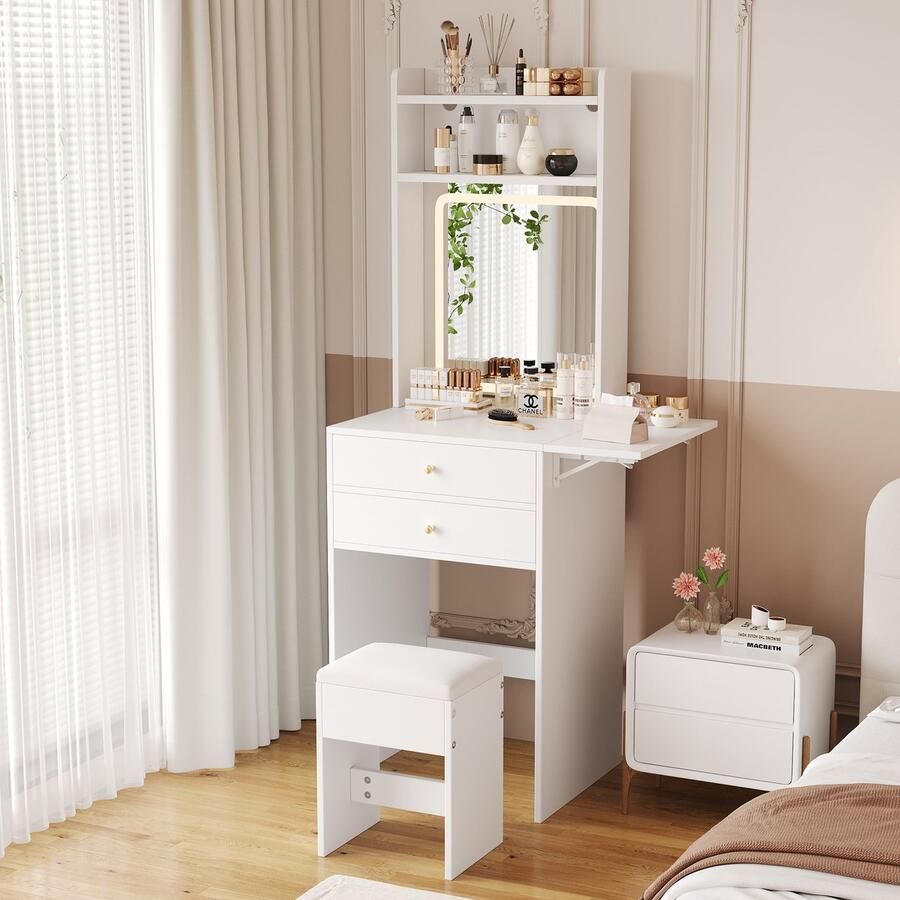 HAUSS SPOLE Kaptafel Hollywood Style Make-up Kast Met Verstelbare LED Verlichting 2 Lades 2 Open Vakken Klapbare Tafel Met Kruk MDF 75 x 45 x 156 cm Wit