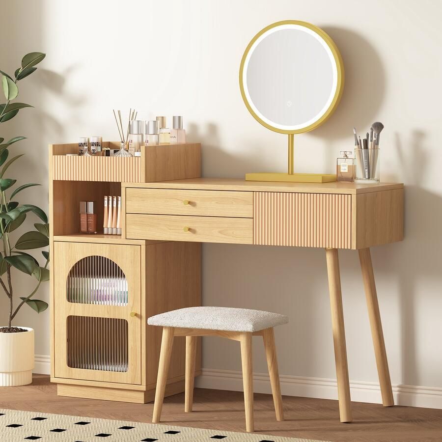 HAUSS SPOLE Kaptafel Make-up Tafel Met LED Spiegel En 3-Kleurige Verlichting 3 Lades Met Zijschrank 120x90x40 cm Hout Onbehandeld - Foto 2