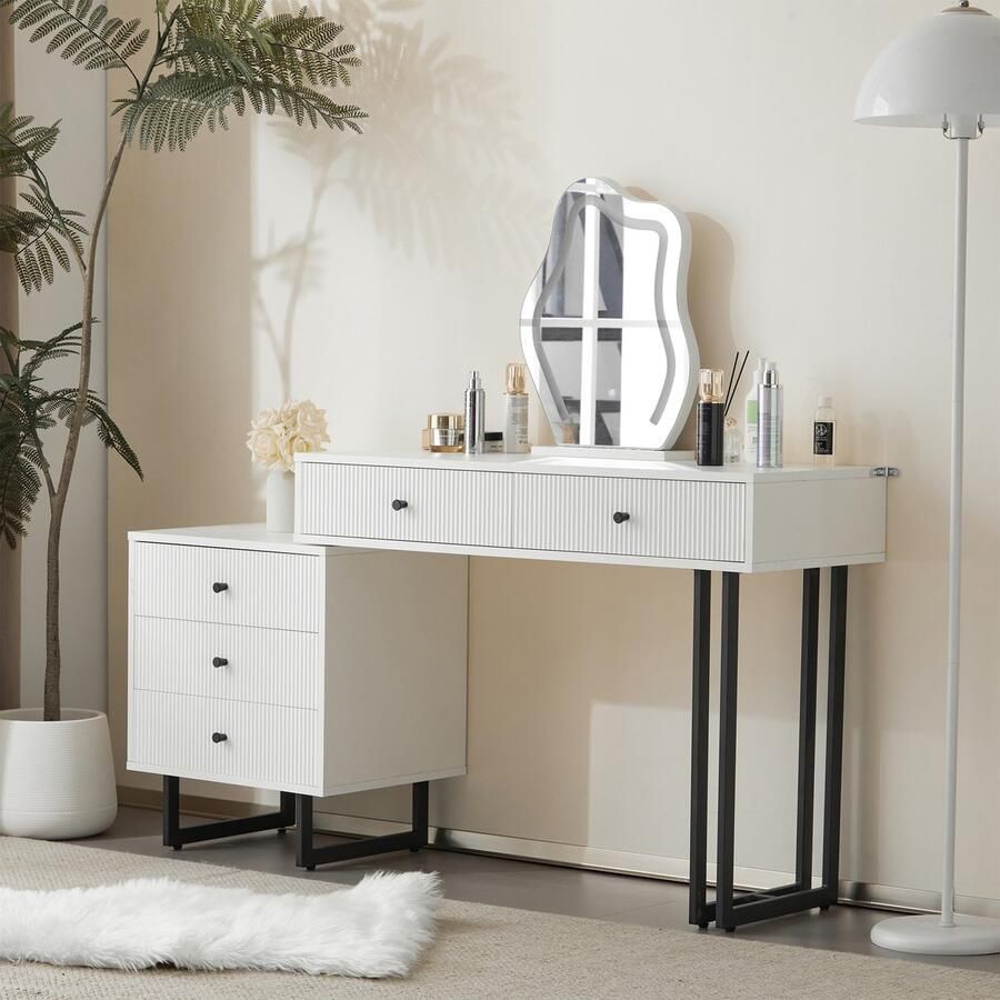 Merax Dressoir kaptafel met spiegel en verlichting uitschuifbaar tafelblad 3-kleuren LED verlichting 100x76x40 cm zonder kruk