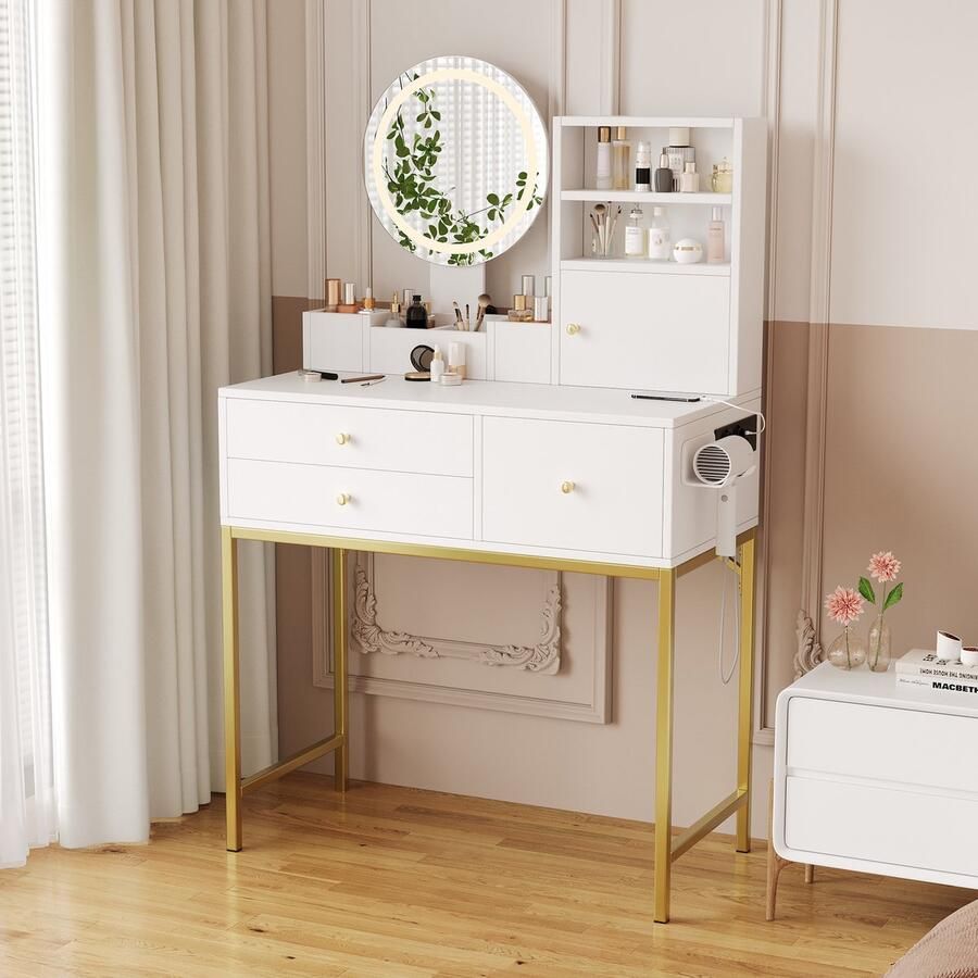 Sweiko Kaptafel LED-verlichting 3 lades Met spiegel USB Type C Opbergvakken Wit