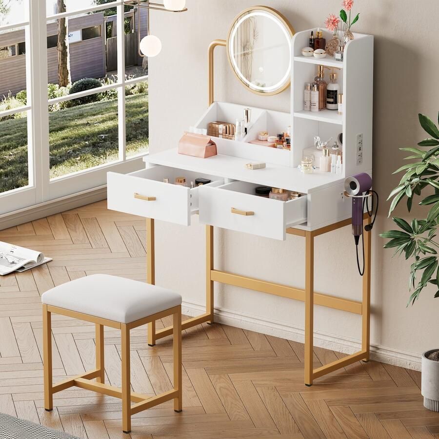 Merax Moderne kaptafel met LED-verlichting draaibare spiegel en stopcontact inclusief kruk 2 lades 2 open planken wit 80×138 5×40 cm