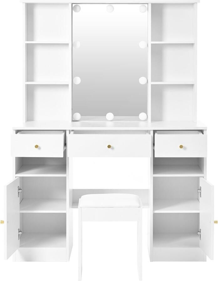 HAUSS SPOLE Kaptafel Met Spiegel En LED Verlichting Inclusief Kruk 3 Lades En 2 Deuren 110x40x151 cm Spaanplaat Wit