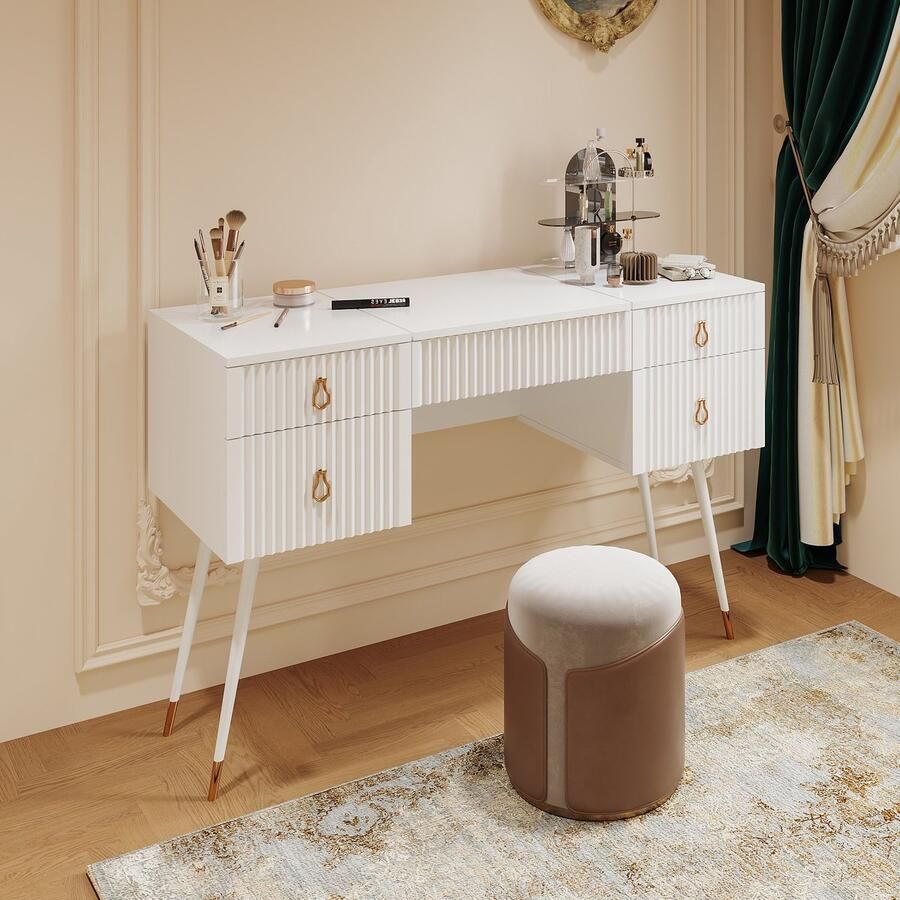 HAUSS SPOLE Kaptafel Hollywood Style Make-up Kast Multifunctioneel Vouwbaar Met Spiegel En Intelligente Instelbare LED-Verlichting MDF 120 x 45 x 121 cm Wit