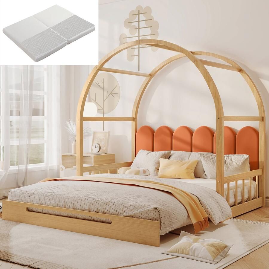 HAUSS SPOLE Kinderbed 140x200 Uitschuifbaar Gewelfdak Met Matras Grenenhout Onbehandeld