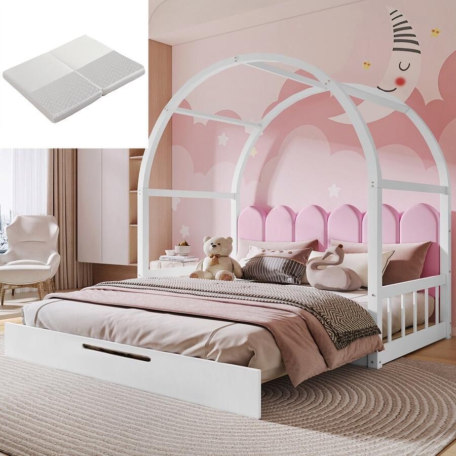 Merax Uitschuifbaar Kinderbed met Gebogen Dak en Matras – Schuifbed Dagbed en Tweepersoonsbed (140x100 cm & 140x200 cm) – Houten Frame Kussens in Fluweel Naturel en Oranje