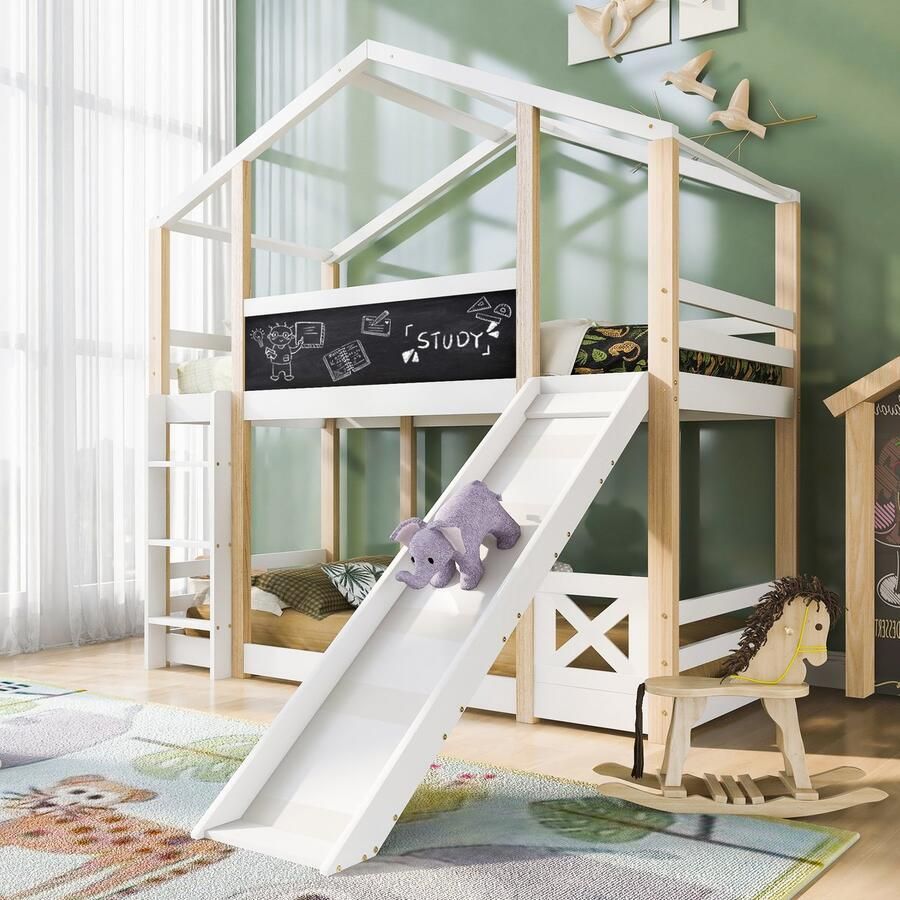 HAUSS SPOLE Kinderbed 90x200 cm Kinderbedden Huisvorm Met Glijbaan En Ladder Hout Wit