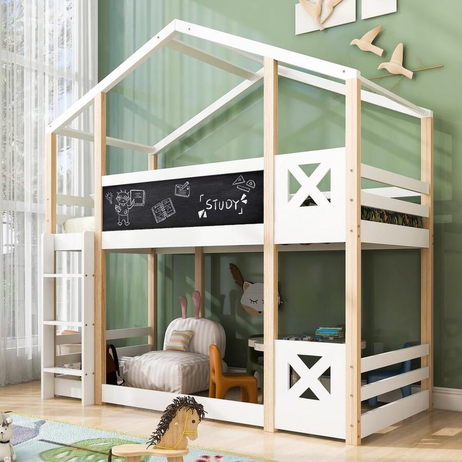 HAUSS SPOLE Kinderbed 90x200 cm Kinderbedden Huisvorm Met Ladder En Rausfallschutz Hout Wit