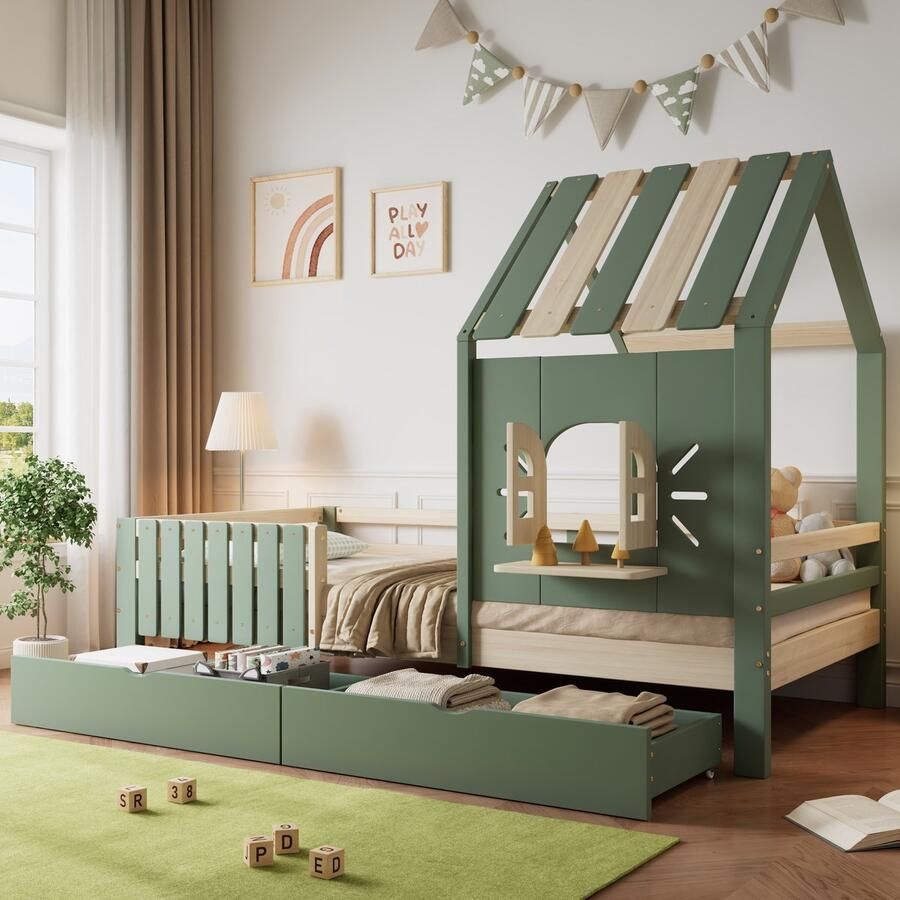 HAUSS SPOLE Kinderbed 90x200 – Huisbed met Dak en Vensters – Kinderbed met Opbergruimte en Schubladen – Grenen – Groen
