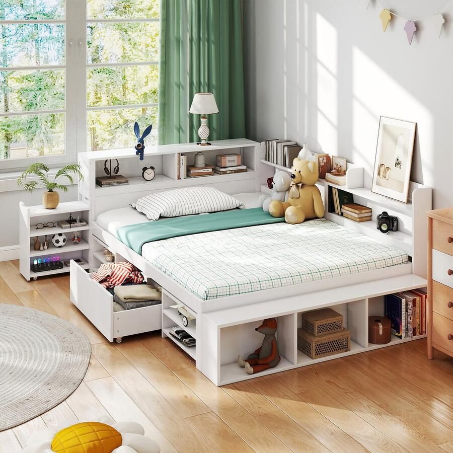 HAUSS SPOLE Kinderbedden 140x200cm Eenpersoonsbed Met Lades En Kasten Massief houten Hoogslaper Inclusief Lattenbodem MDF Wit(Zonder Matras)