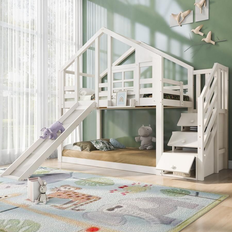 HAUSS SPOLE Kinderbedden 90 x 200 cm Trapopbergruimte Huisbed Met Rausfallschutz En Lade Kinderstapelbed met glijbaan Hout Wit (Zonder matras)