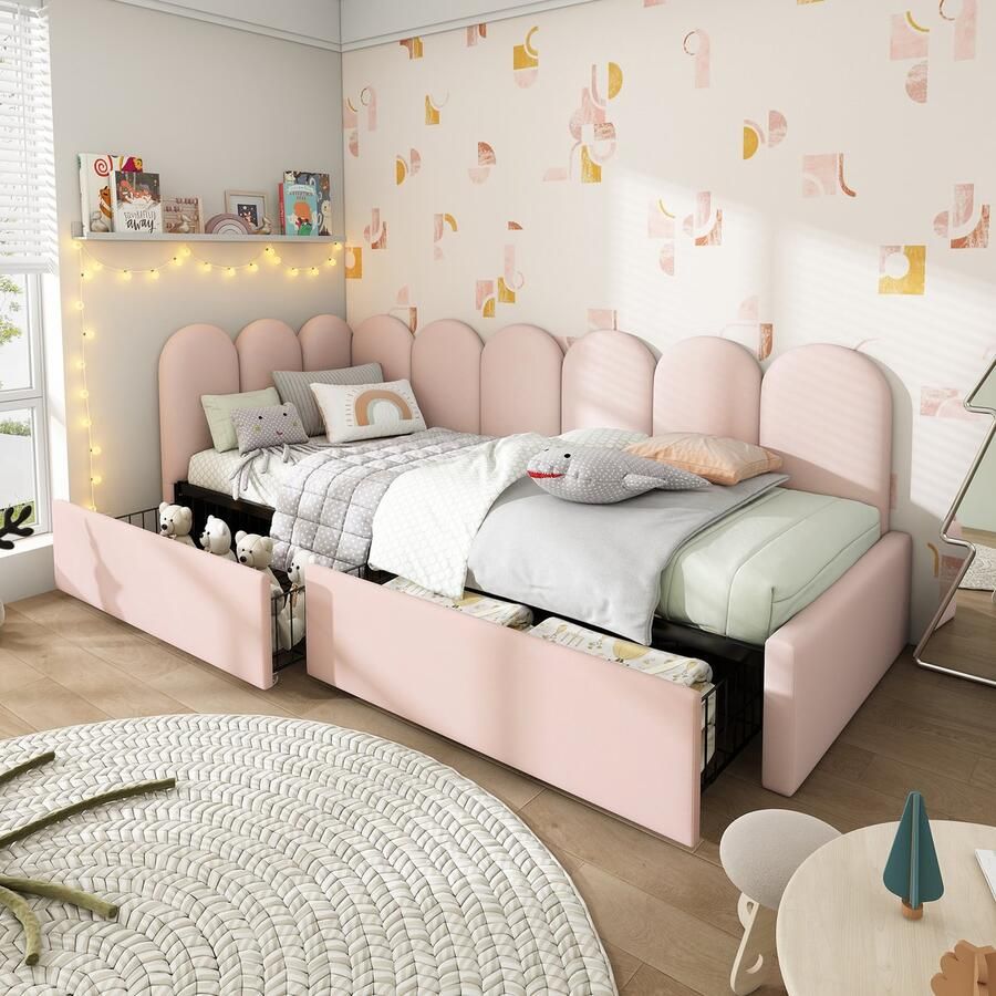 HAUSS SPOLE Kinderbedden 90x190 cm Slaapbank Met 2 Lades Opbergbed Voor Kinderkamer En Logeren Fluweel Roze