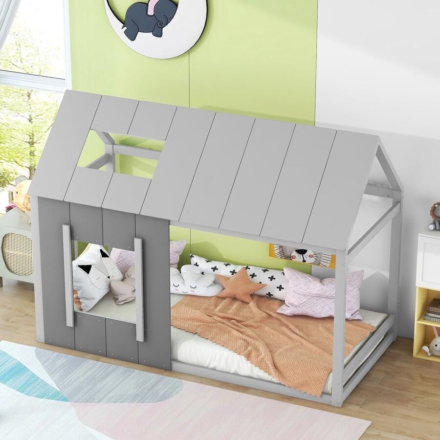 HAUSS SPOLE Kinderbedden 90x200 cm Eenpersoonsbed Met Charmante Huisvorm En Dak Natuurlijk Grenenhout Voor Veiligheid En Comfort Grijs