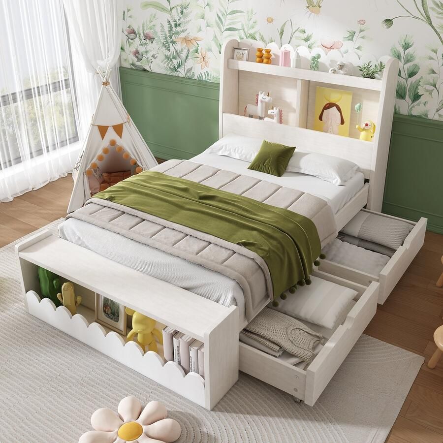 HAUSS SPOLE Kinderbedden 90x200 cm Eenpersoonsbed Met Lattenrost En Opbergruimte Hout Wit